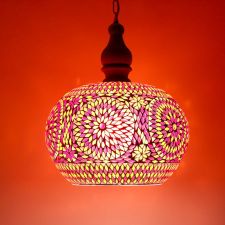 Oosterse hanglamp | Rood/Oranje Mozaiek | Met open onderkant | Oosterse lamp | Ronde hanglamp | Online bestellen beste prijzen | Mozaïek hanglamp