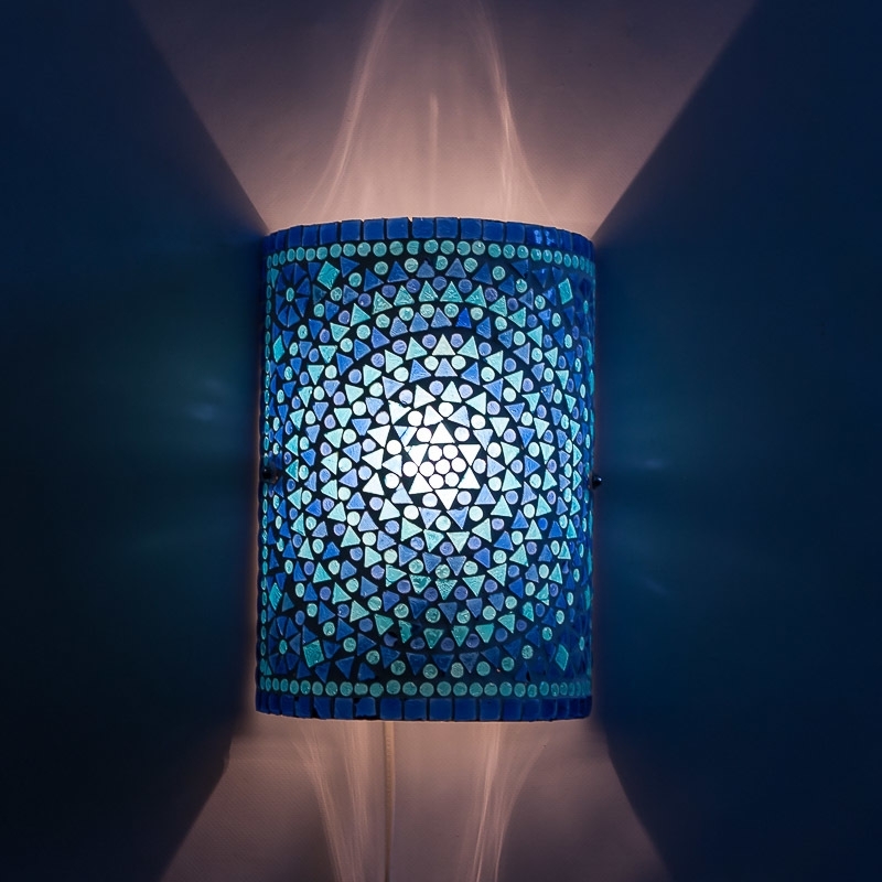 Blauwe|Oosterse|Wandlamp|Mozaiek|Cilinder